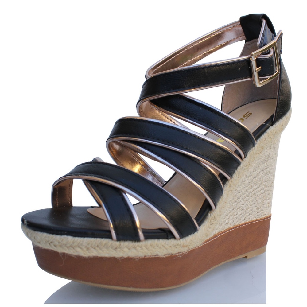 Stat Black Open Toe Strappy Woven Espadrille Wedge - Picture 2 of 4